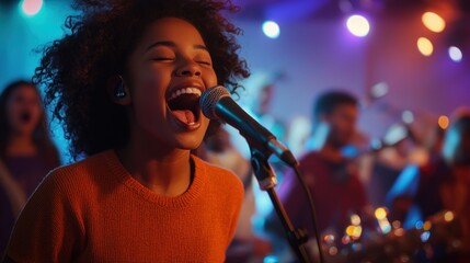 Young woman passionately singing into a microphone during a vibrant live music performance
