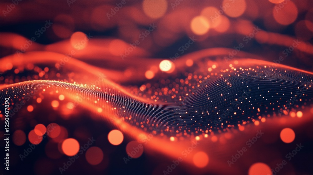 Poster vibrant abstract wave pattern with glowing particles in a dark background creating a mesmerizing vis