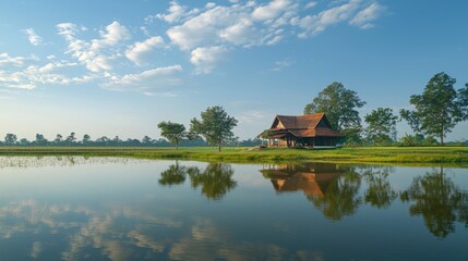 Fototapeta premium A farmhouse at the end of a flooded rice field, reflecting beautifully in the still waters. --chaos 20 --ar 16:9 --quality 2 --v 6.1 Job ID: 0ea125a6-3b3d-48a6-857b-0994fd32ff6c