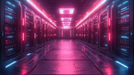 Futuristic AI server room with security highlights