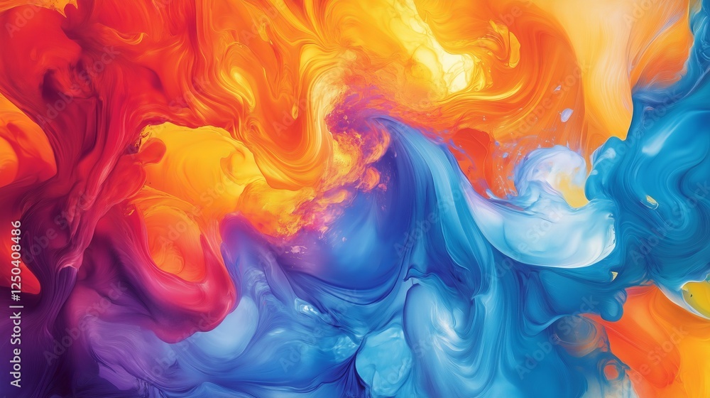 Poster vibrant swirls of color creating an abstract pattern in fiery orange, deep blue, and brilliant yello