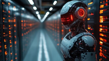 Fototapeta premium Robot analyzing data with secure system overlay