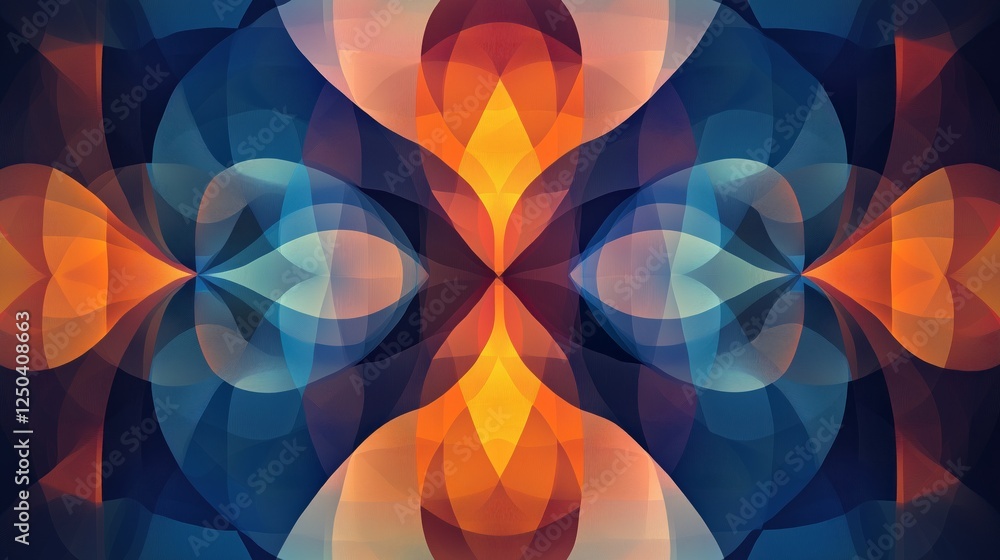 Poster vibrant abstract design featuring symmetrical shapes in warm and cool tones created with intricate l