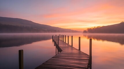 Fototapeta premium Serene Sunrise Over Misty Lake With Wooden Dock