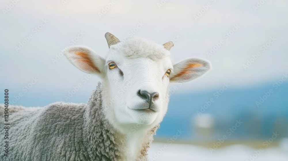 Aufkleber a close-up of a sheep with soft wool and curious expression in a serene landscape.