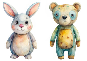 Obraz premium Cute watercolor animals, adorable bunny and bear, children's illustration, playful design, vibrant colors, nursery art.