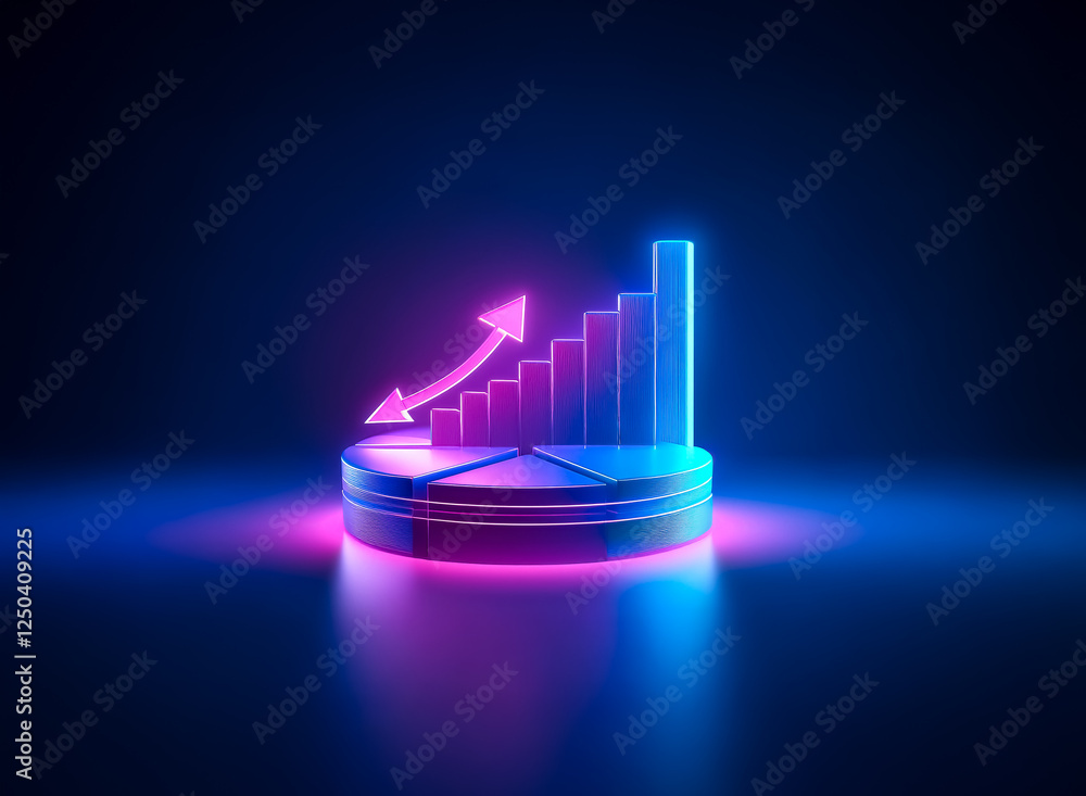 Aufkleber neon illuminated 3d render featuring bar and pie charts with a rising arrow, symbolizing growth and 
