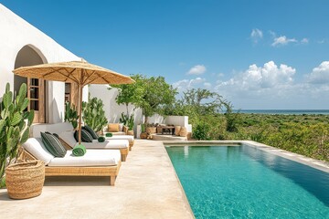Fototapeta premium Three chairs and an umbrella by the pool, overlooking the sea in Lamu with a sunny day, blue sky, and villa with white walls, cacti, and olive trees in the garden.