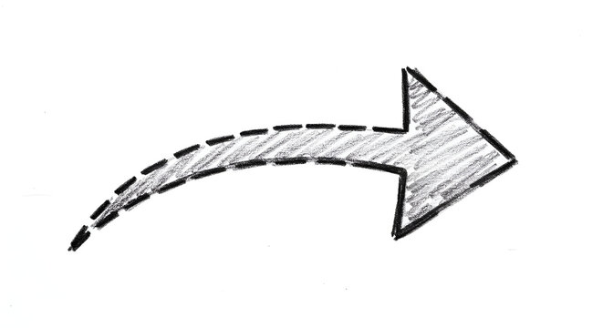 Hand-drawn dashed arrow on a transparent background, sketched with an uneven, slightly irregular stroke