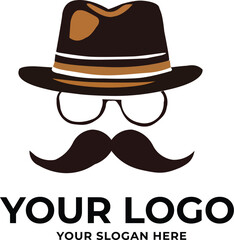 Stylish Retro Gentleman Logo Design Template,Barber shop symbol. Modern design. Vector illustration,Iconic emblem with hat and glasses

