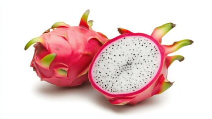 Obraz premium Vibrant pink dragon fruit with sliced view and white spotted flesh
