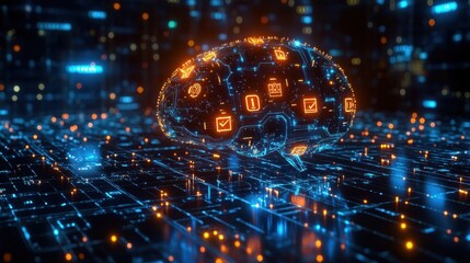 AI brain with glowing circuits and safety icons