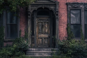 Overgrown antique door on a decaying brick building, hinting at forgotten stories and faded grandeur.