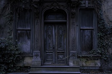 An old, dark, ornate wooden door and windows of an abandoned building, overgrown with ivy.