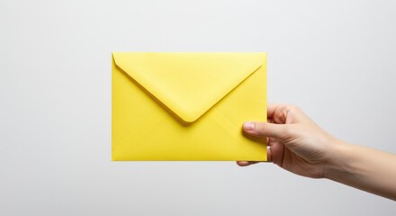 Fototapeta premium Hand holding envelope, bright yellow envelope, isolated on white background, studio lighting, close-up shot, minimalist composition, clean design, vibrant color