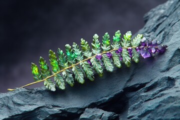 Fern frond adorned with amethyst crystals rests on dark stone, nature's artistry.