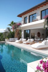 Fototapeta premium Beautiful outdoor pool with white furniture, plants, and flowers beside the swimming pool, set under a blue sky on a sunny day in front of a modern house in France.
