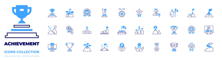 Achievement icon collection. Bold line style. Duotone colors. achievement, medal, success, conquer, trophy, goal, benefit