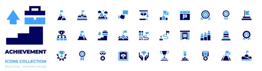 Achievement icon collection. Bold style. Duotone colors. mountains, goal, achievement, careerpath, cooperation, mountain, medal, champion, trophy