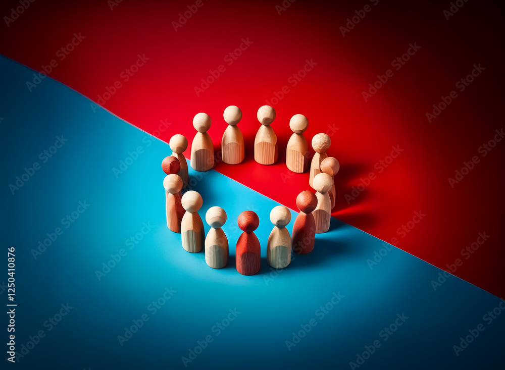 Poster wooden figures in a circular formation represent unity and teamwork, positioned on a vivid backdrop 
