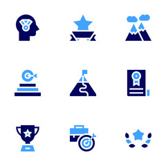 Achievement icon set. Bold style. Duotone colors. achievement, star, mountains, goal, challenge, certificate, achievinggoals
