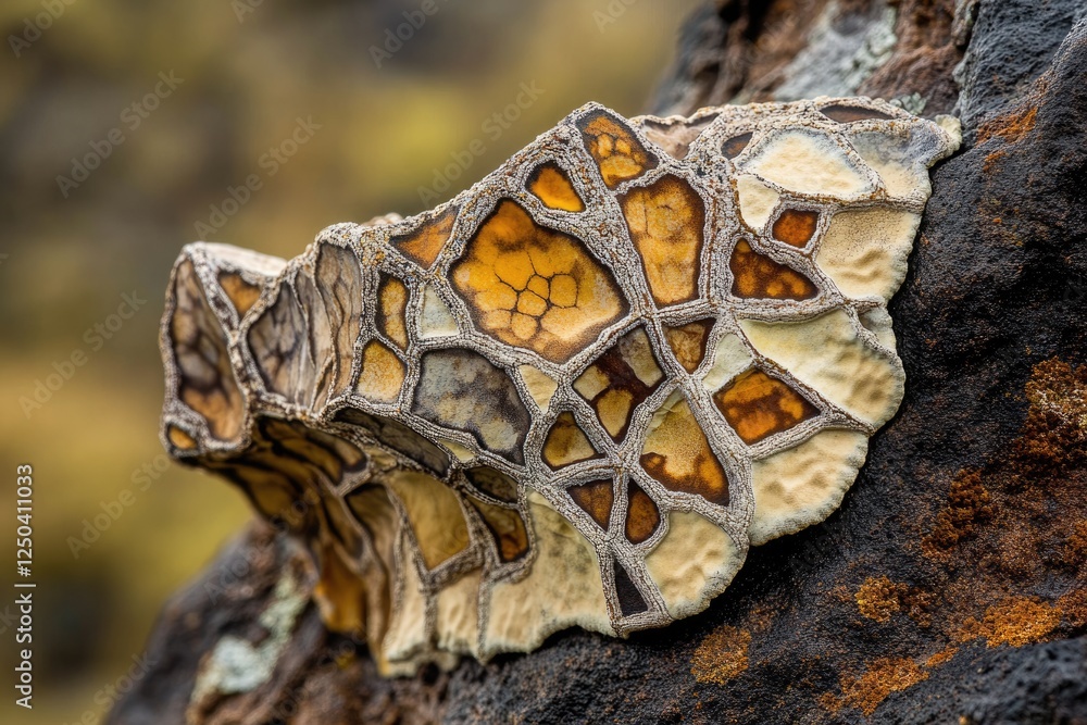 Poster intricate patterns of a crustose lichen, showcasing diverse colors and textures on a dark rock surfa