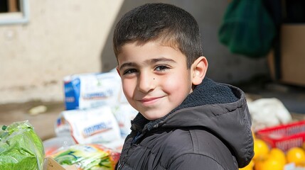 Young boy smiling while holding vegetables at a market with fresh produce in the background