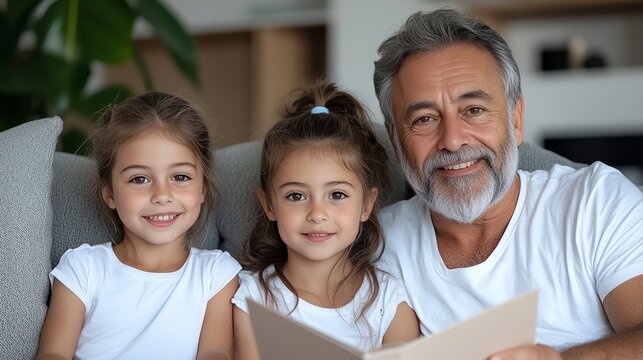 Cherished Family Moments: A Delightful Scene with a Man and Two Little Girls Sharing Laughter on a Cozy Couch
