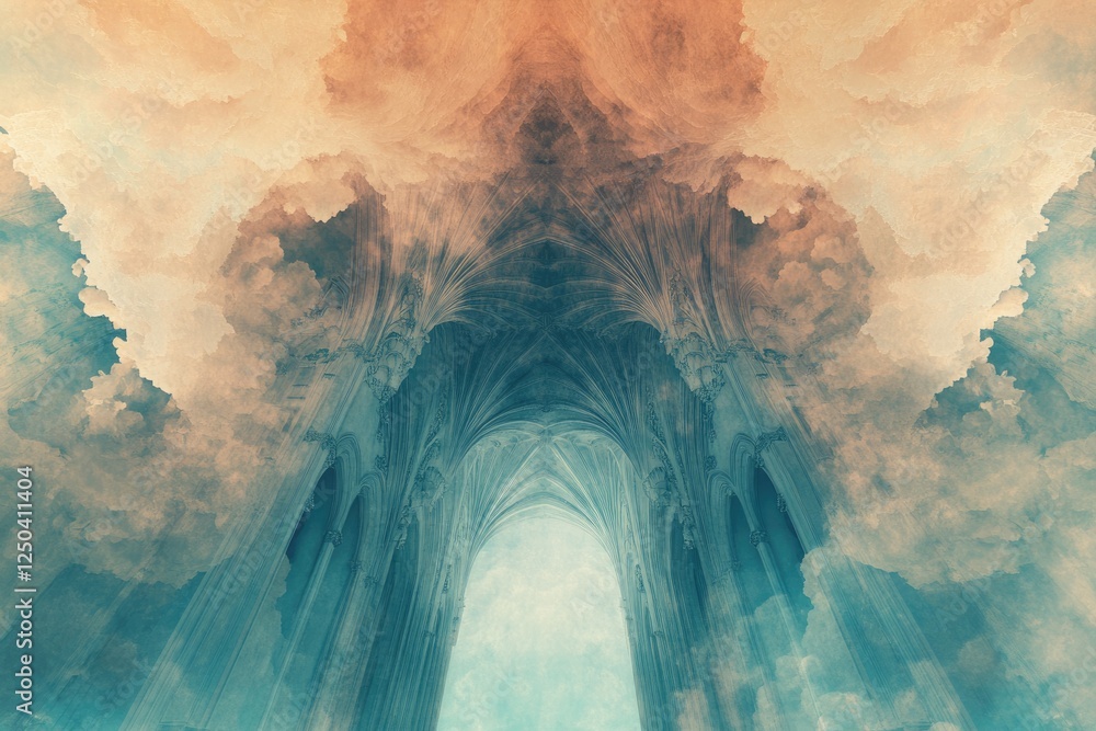 Poster gothic architecture merges with ethereal clouds, creating a surreal and dreamy cathedral-like scene.