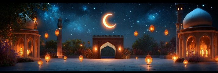 Ramadan Kareem Celebration mosque courtyard with flickering lanterns, glowing crescent moon, and starry sky