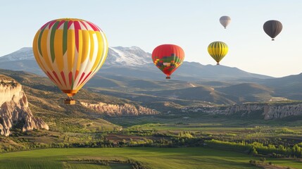 Naklejka premium Colorful hot air balloons soaring over a scenic valley landscape.