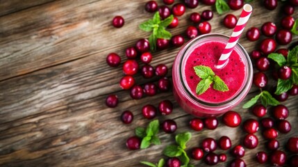 Refreshing Cranberry Smoothie on Rustic Wood Background for Healthy Lifestyle
