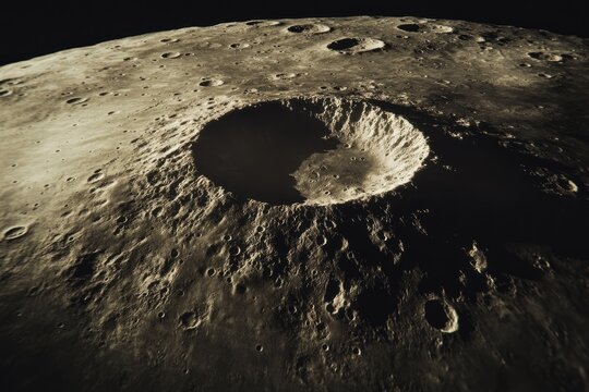 A large impact crater dominates the lunar surface, surrounded by smaller craters, showcasing the moon's history of impacts.