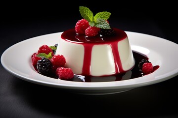 Creamy panna cotta topped with a vibrant berry sauce garnished with fresh raspberries, blackberries and mint leaves