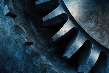 Close-up of a large, dark blue metallic gear, showing intricate details and texture.