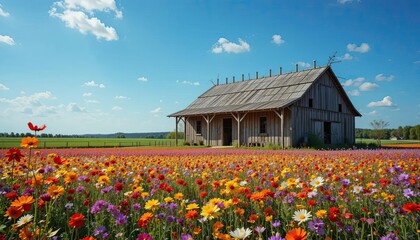 A rustic barn surrounded by a vibrant field of flowers, set against the backdrop of a brilliant blue sky, radiating pastoral charm.

