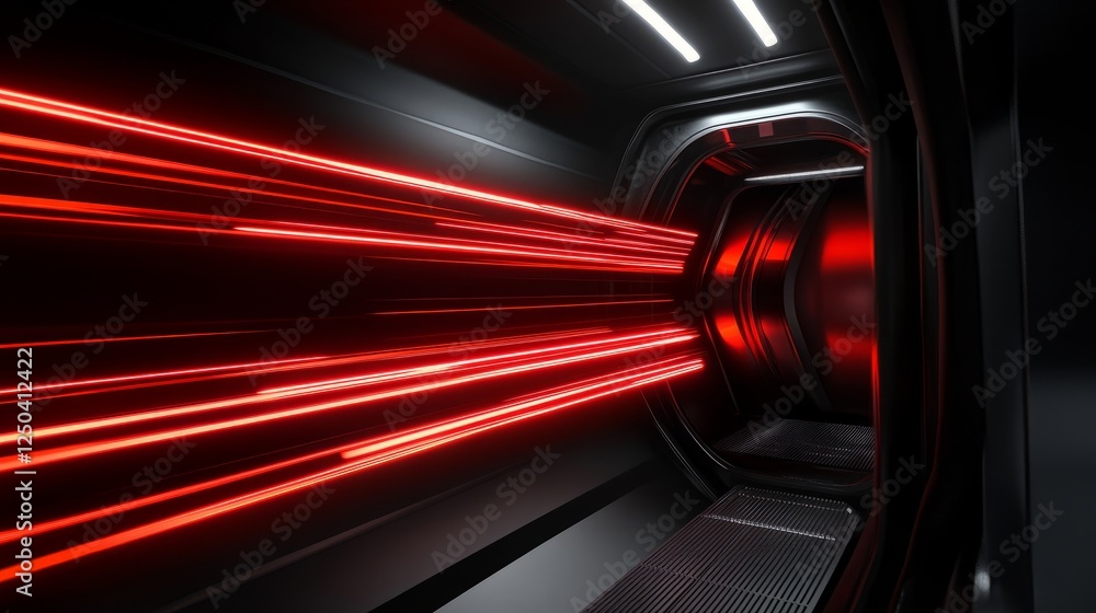 Poster hyperdrive effect with futuristic neon light trails extending at light speed in space.