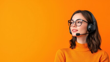 Young Woman with Headset and Glasses Against Bright Background