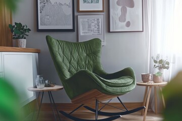 Dark green velvet rocking chair with black metal legs and wooden base in Scandinavian-style room, with white cabinets, side table, plants, and framed pictures under natural light.