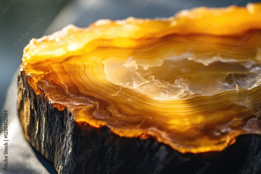 Poster a captivating close-up of a polished agate geode showcasing its warm, honey-colored bands and intric