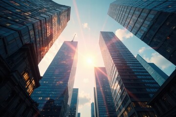 Sunbeams illuminate modern square, skyscrapers gleam , locale, highrise, bright
