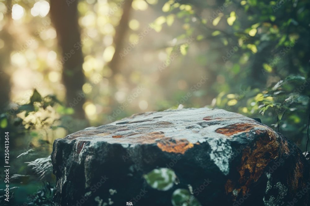 Poster sunlit forest scene with a mossy tree stump in the foreground, creating a serene and peaceful atmosp