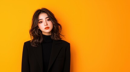 Stylish Young Woman Posing Against a Bright Yellow Background