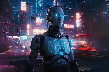 Futuristic cyborg woman in a dark city night with a spacesuit, helmet, and mask, showcasing technology and space themes