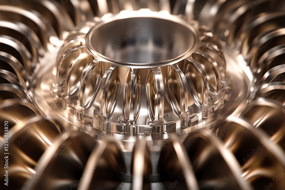 Aufkleber close-up of intricate metallic turbine engine components, showcasing precision engineering and compl