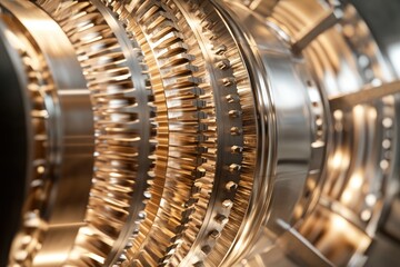 Close-up of intricate metallic gears, showcasing precision engineering and industrial design.