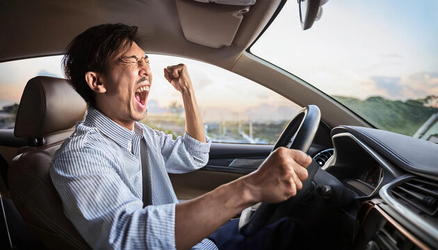 A man is driving a car while raising his fist. He is yelling.