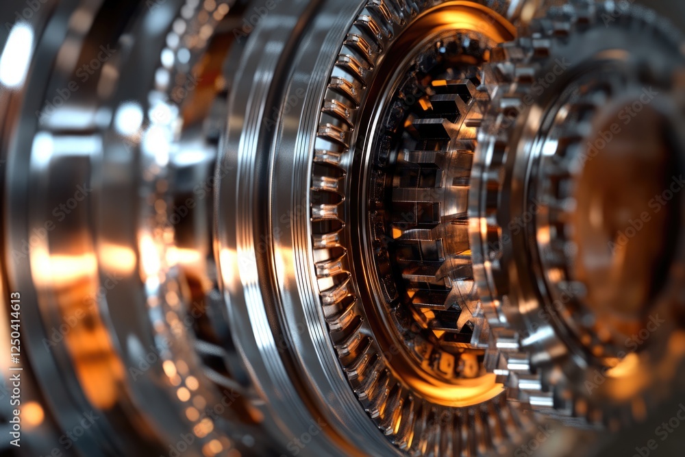 Poster close-up of intricate metallic gears, showcasing precision engineering and complex mechanics.