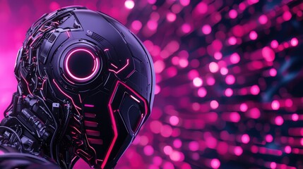 Fototapeta premium Futuristic Robot Head Surrounded by Vibrant Neon Lights and Patterns