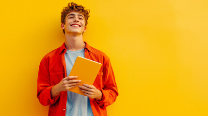 Fototapeta premium Online education. A happy teenager stands with a tablet against a yellow wall. The young man is smiling and holding a tablet in his hands. The feeling of happiness and excitement